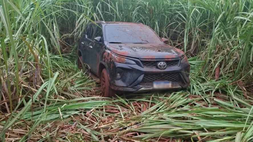 O veículo foi encontrado no meio do canavial 12 horas após o furto. Imagem GMC